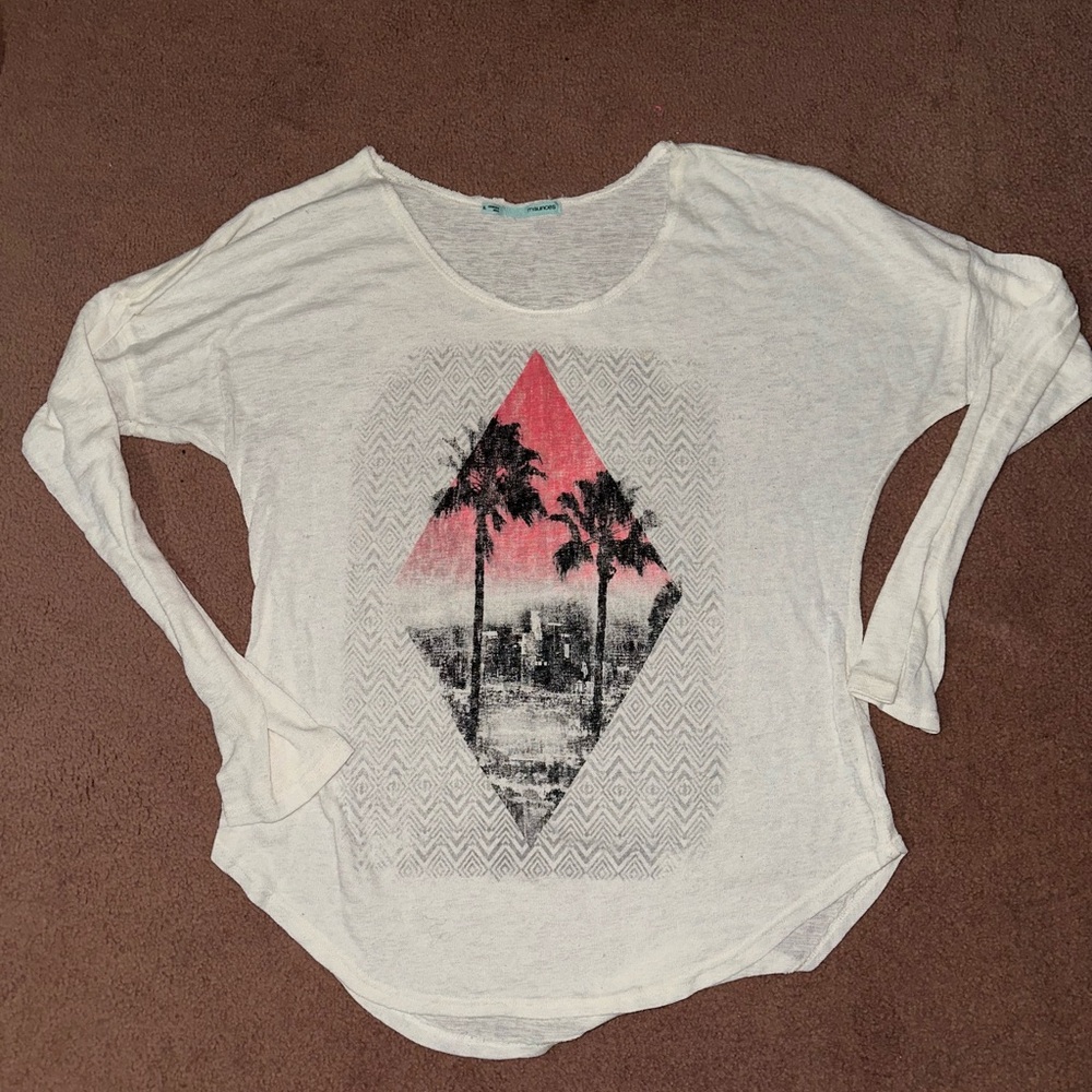 Maurices Cream and Pink Palm Graphic Long Sleeve Tee